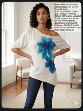 NWOT INC International Concepts Off-Shoulder Tunic Vibrant Sequence Floral - L